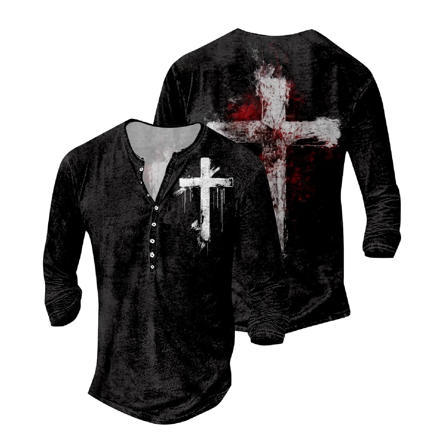 JiffPom Mens Christian Faith Long Sleeves Silky Henley Shirt Cool Jesus Cross Print Casual Button Down Polo Shirts