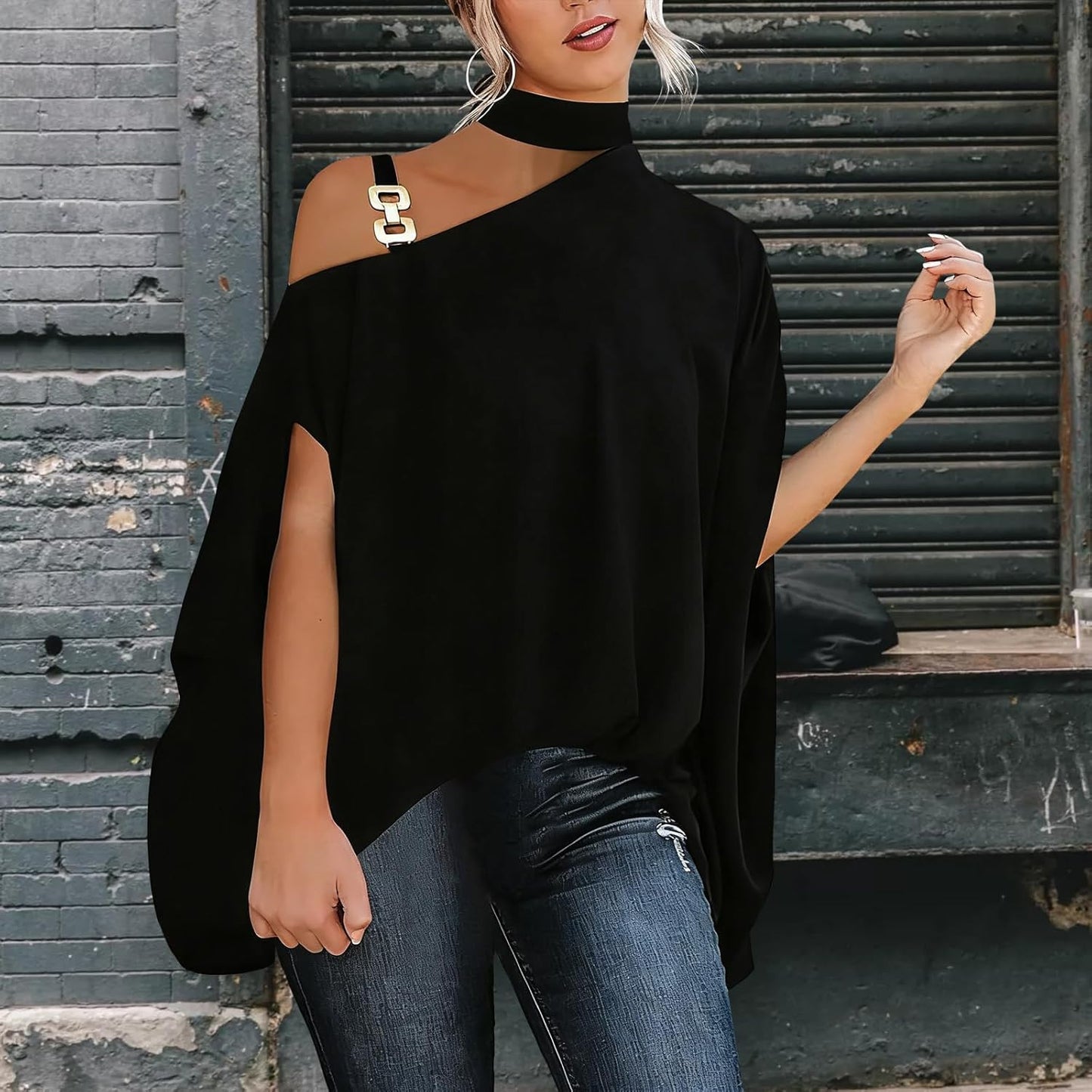 WAZZAP Women‘s One Shoulder Dolman Tops, Batwing Sleeve Off Shoulder Mock Neck Loose Dressy Blouse for Women Elegant Shirts