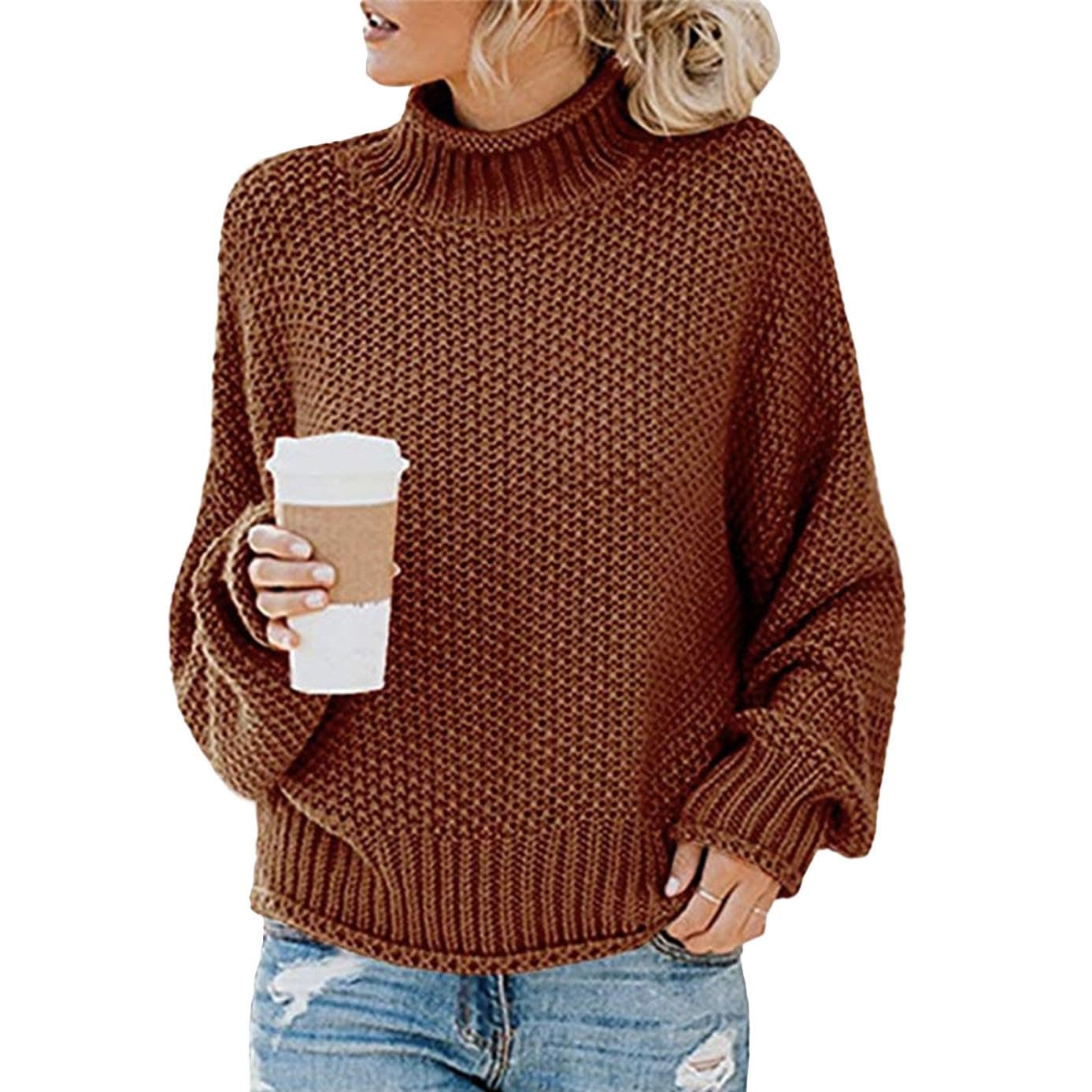 WAZZAP Women Sweater for Autumn Winter Casual Trendy Lightweight Tops Long Cuffed Sleeve Mock Neck Sweater
