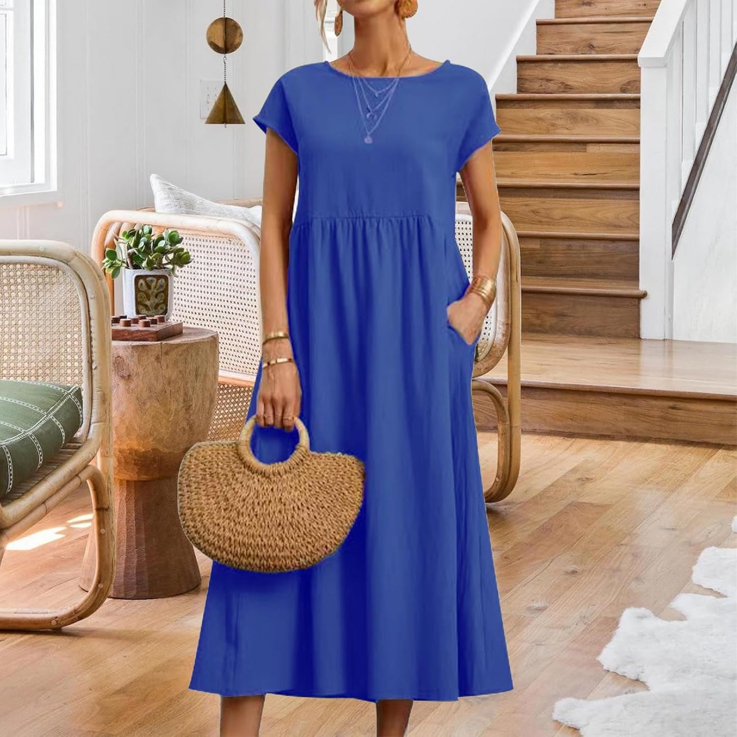 FONDBERYL Cotton Linen Dress for Women Short Sleeve Casual Crew Neck Loose Maxi Summer 2026 Beach Vacation Dress with Pockets
