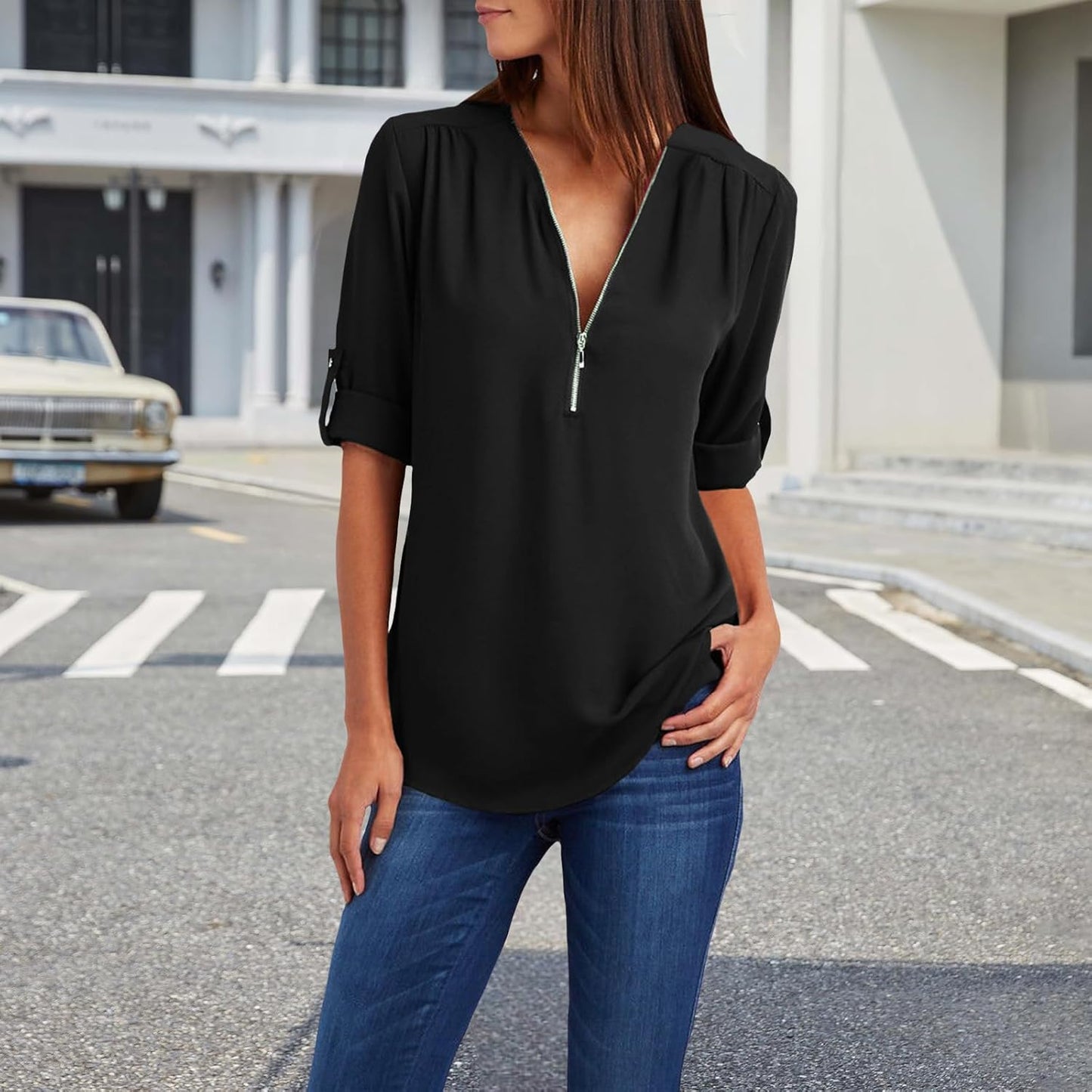 WAZZAP Women‘s Chiffon Tops, Zip Up V Neck Long Sleeve Shirt Roll Up Sleeve Loose Fit Tunic Tops Casual Trendy Chiffon Blouse