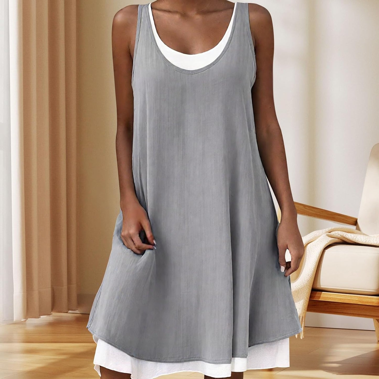 GYMTSL Midi Dresses for Women Summer Beach Tshirt Sundresses Casual Loose Fit Crewneck Sleeveless Basic Shift Tank Dress