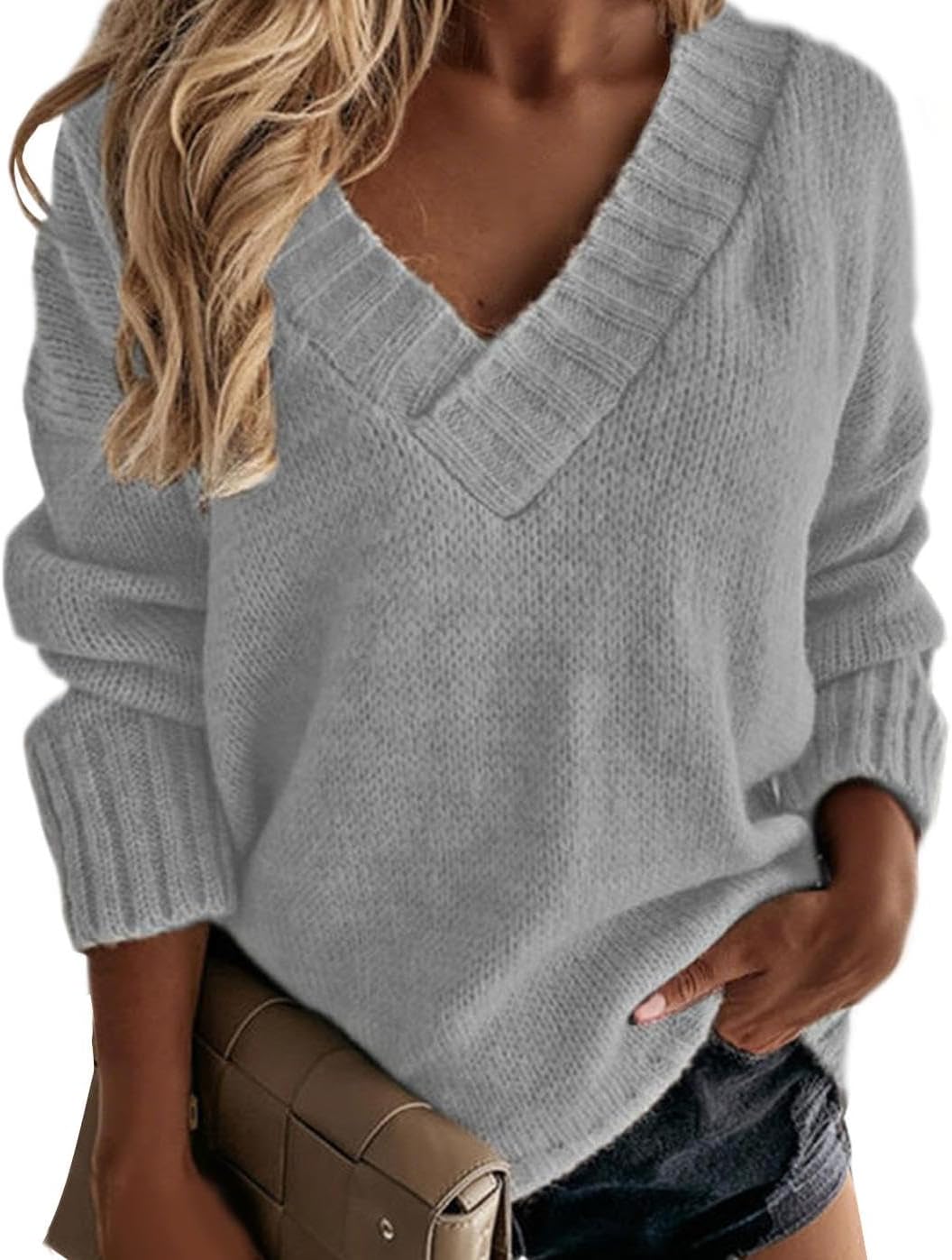 GYMTSL Women's Winter Sweater 2025 Fall Casual Timeless Long Sleeve Solid V Neck Chunky Sweater Pull Over Tops