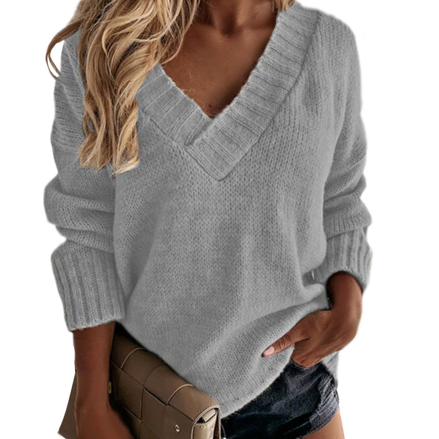 GYMTSL Women's Winter Sweater 2025 Fall Casual Timeless Long Sleeve Solid V Neck Chunky Sweater Pull Over Tops