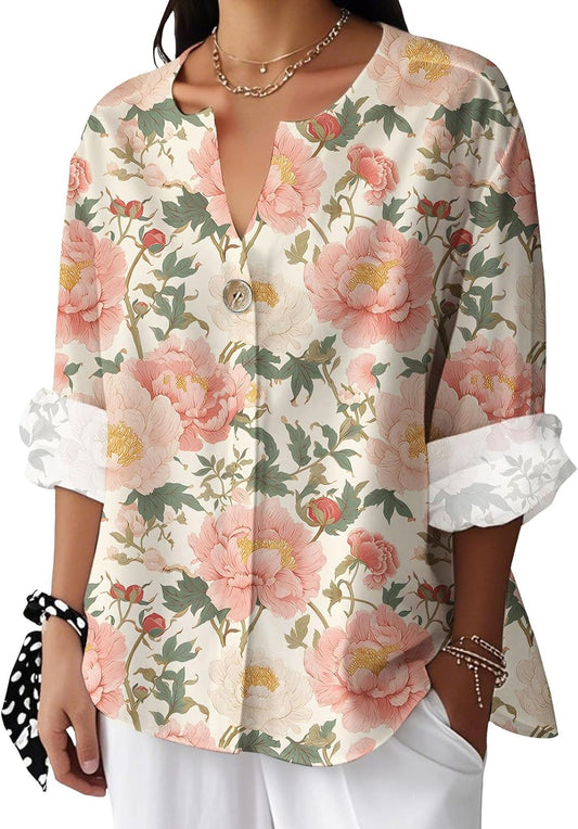 Embryform Casual Tunic Tops for Women V Neck Stylish Oversized Vintage 3/4 Sleeve Business Floral Printed Workout T Shirts