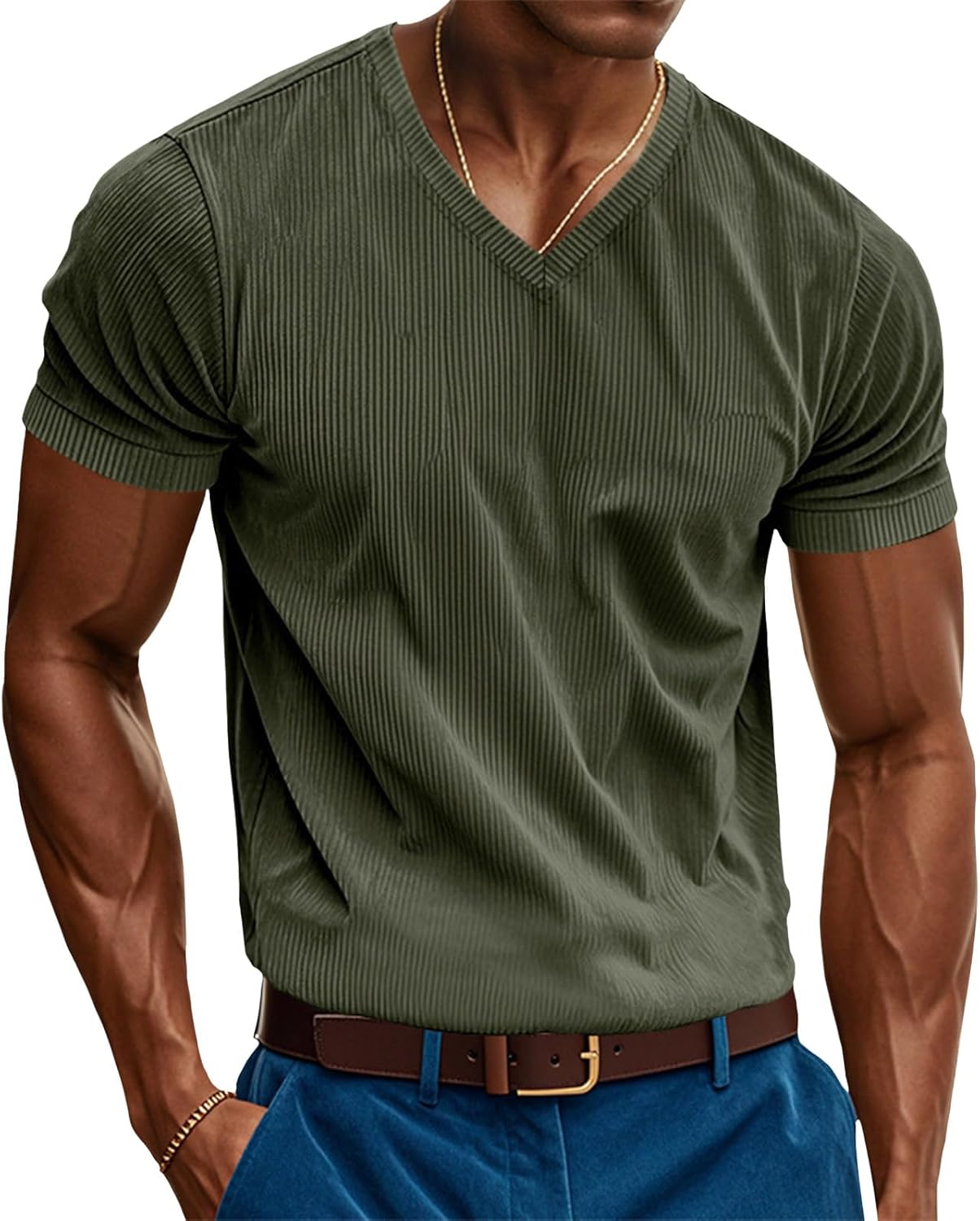 Reigee Slim Fit T Shirts for Men 2025 Spring V Neck Short Sleeve Ribbed Knit Corduroy Shirts Solid Casual Business Tops