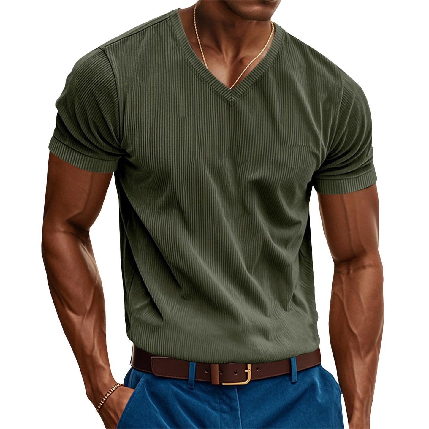 GYMDOG Slim Fit T Shirts for Men 2025 Spring V Neck Short Sleeve Ribbed Knit Corduroy Shirts Solid Casual Business Tops