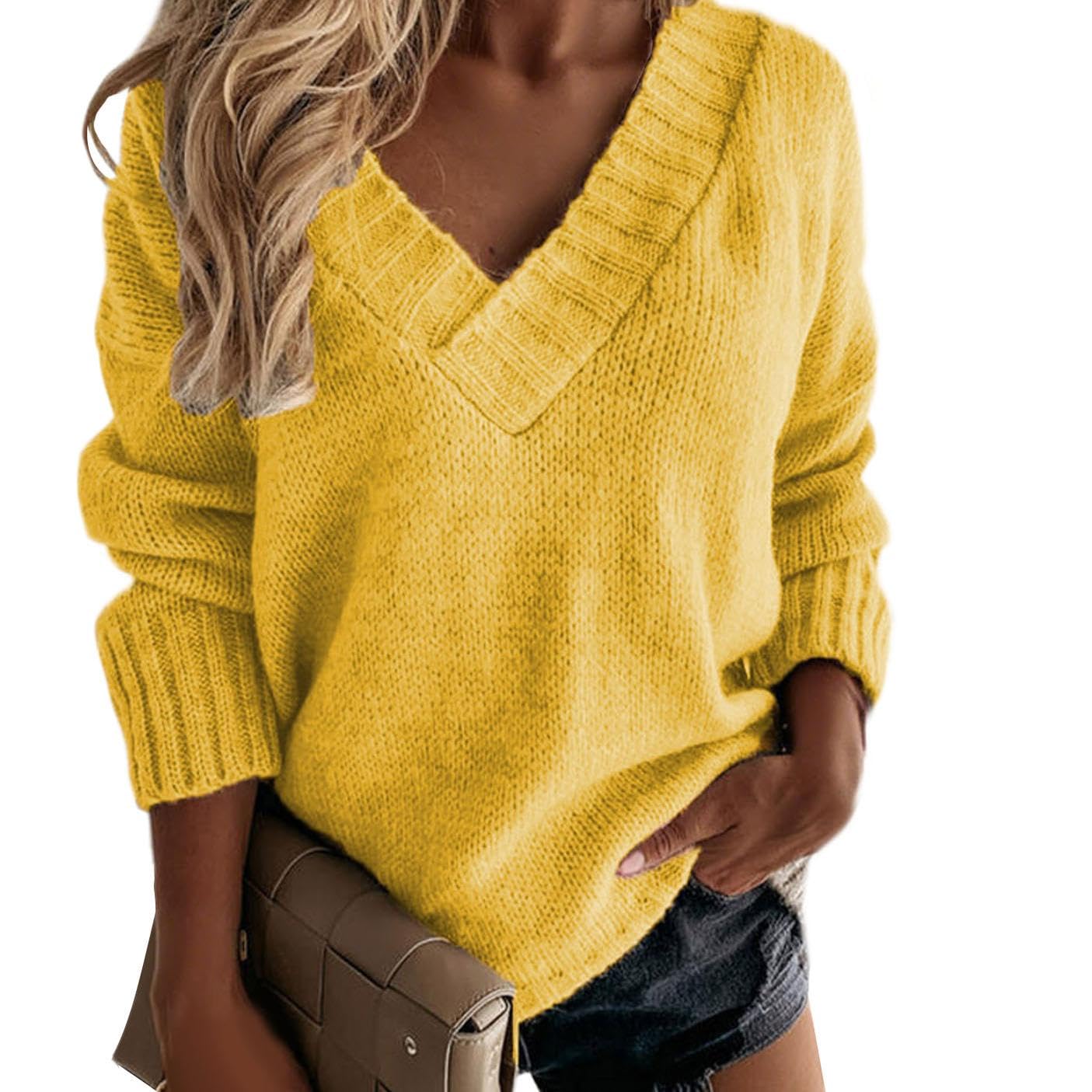 GYMTSL Women's Winter Sweater 2025 Fall Casual Timeless Long Sleeve Solid V Neck Chunky Sweater Pull Over Tops