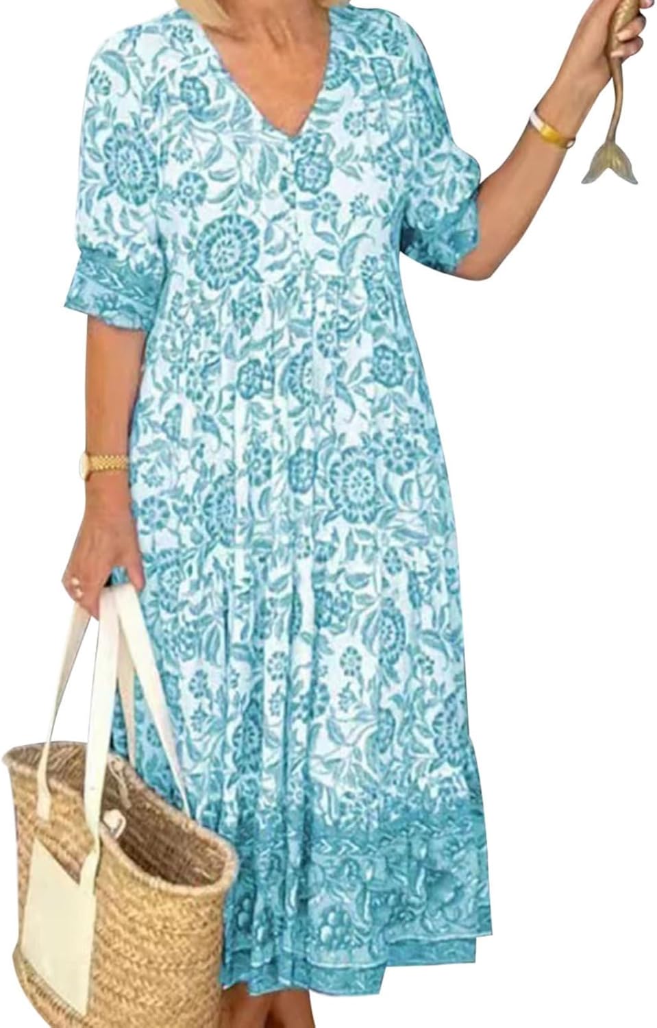 GYMDOG Elegant Flowy Flower Print Boho Maxi Dress for Women V Neck Short Sleeve Ruffle Swing Hem Dress for Wedding Guest