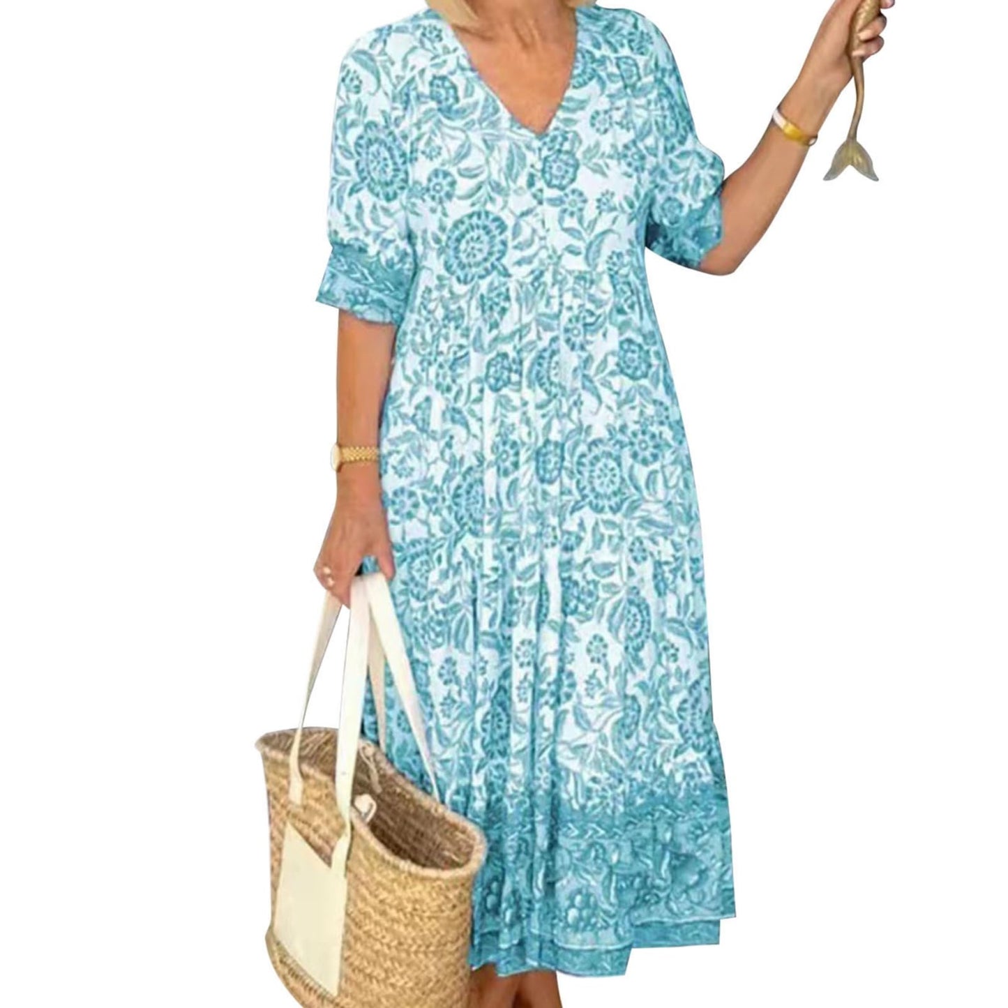 GYMDOG Elegant Flowy Flower Print Boho Maxi Dress for Women V Neck Short Sleeve Ruffle Swing Hem Dress for Wedding Guest