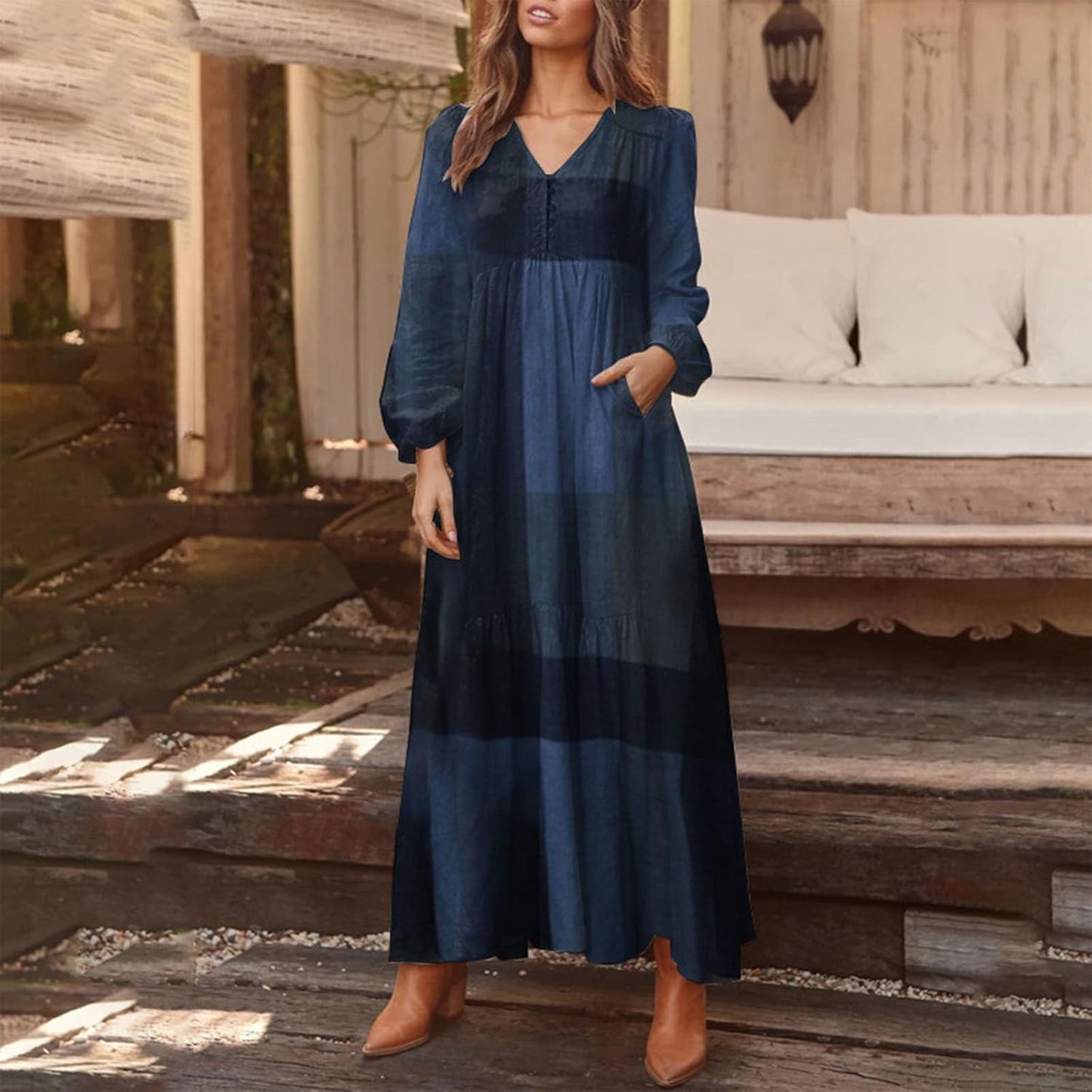 Alivebody Vintage Dresses for Women, Long Sleeve High Waisted Swing Retro Ethnic Boho Casual V Neck Maxi Dress with Pockets