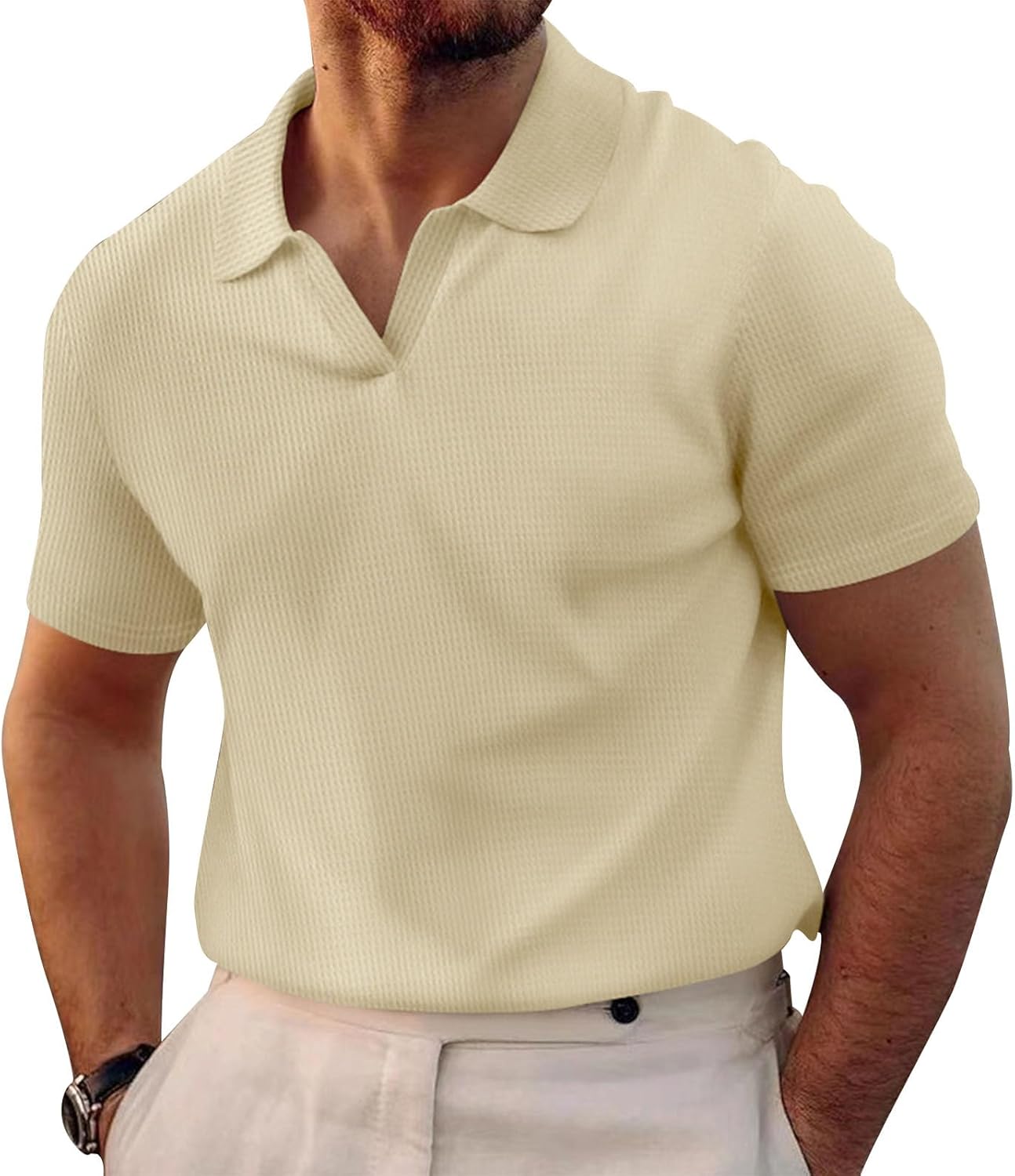 WAZZAP Polo Shirts for Men V Neck Pullover Waffle Casual Hippie Stretch Short Sleeve Business Summer Beach Workout Tops