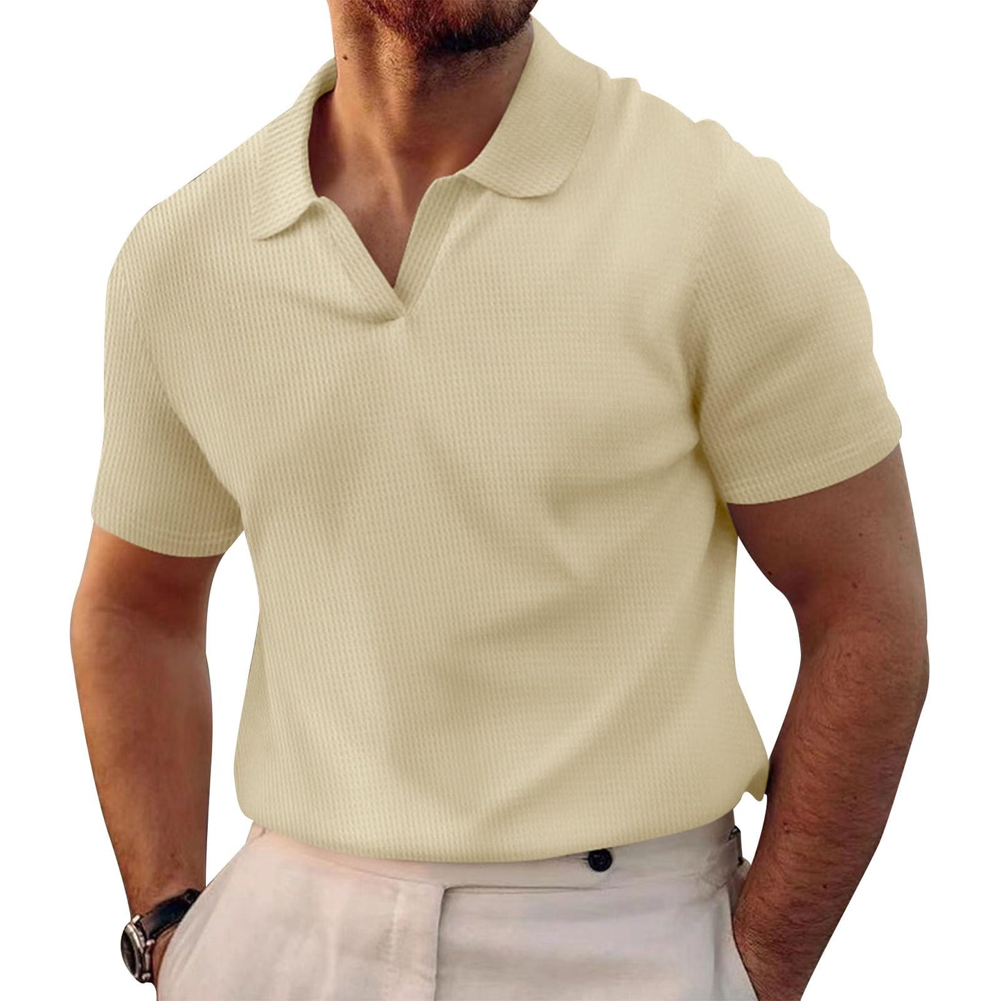 WAZZAP Polo Shirts for Men V Neck Pullover Waffle Casual Hippie Stretch Short Sleeve Business Summer Beach Workout Tops