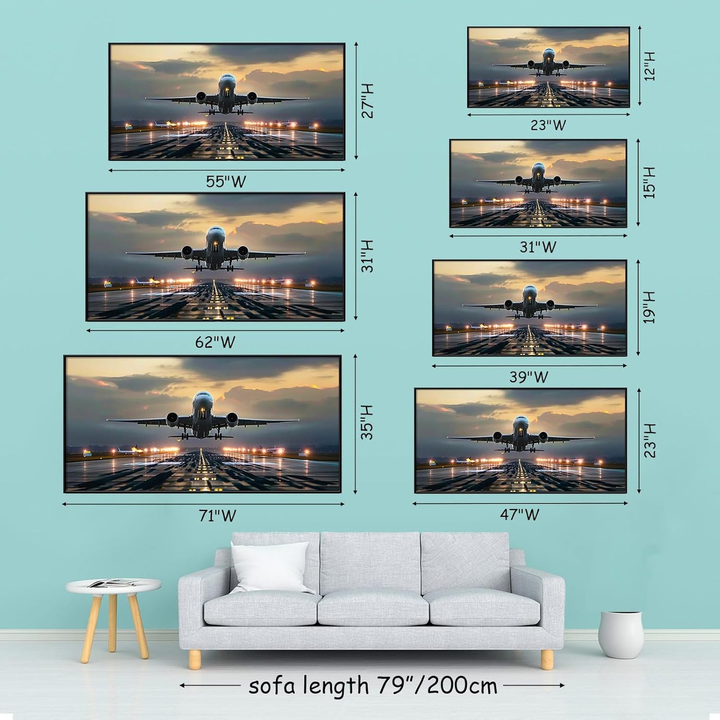 JiffPom Airplane Canvas Wall Art, Taking Off, Aircraft, Aviation, Airport, Airplane Pictures, Home Office Decor, Pilot Gift (Black Frame, 39"x19" | 100x50cm)