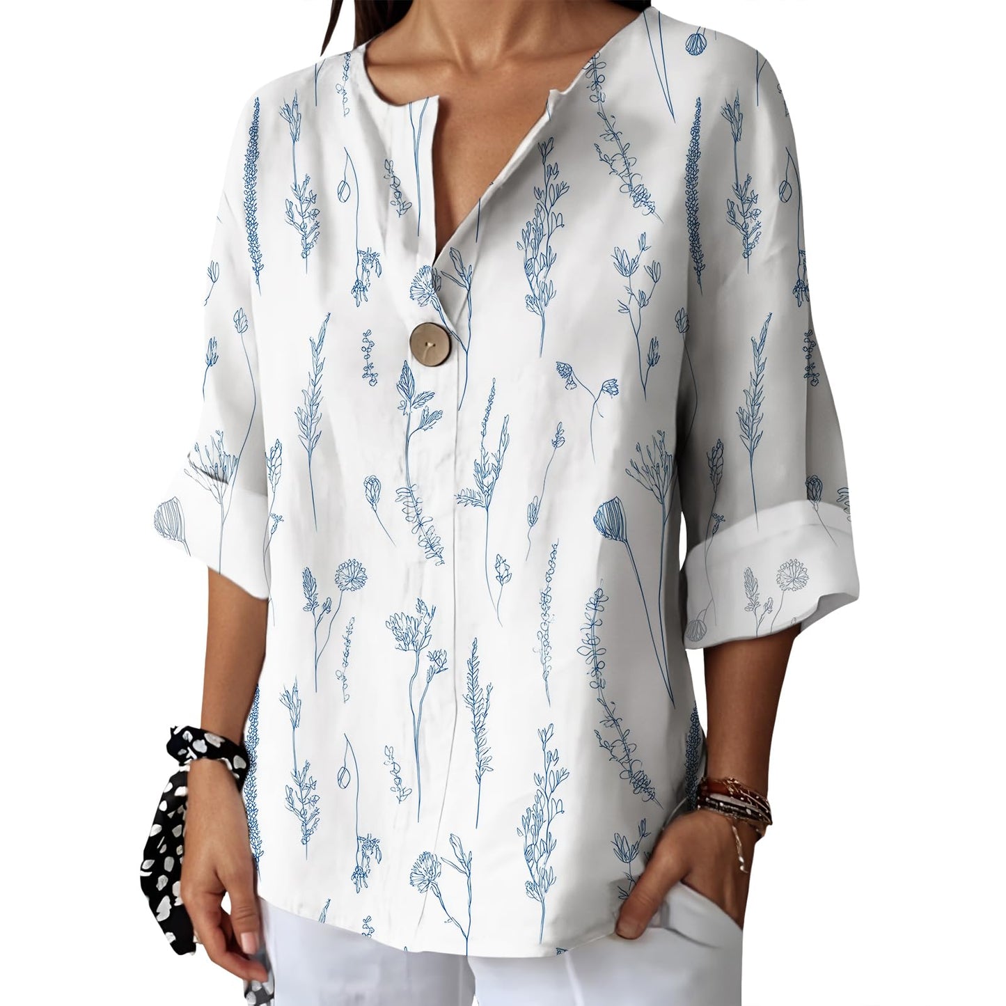 Befox Womens Spring Tops Business Vintage 3/4 Sleeve Boho Button Tunic Linen Blend Floral Printed V-Neck Summer T Shirts