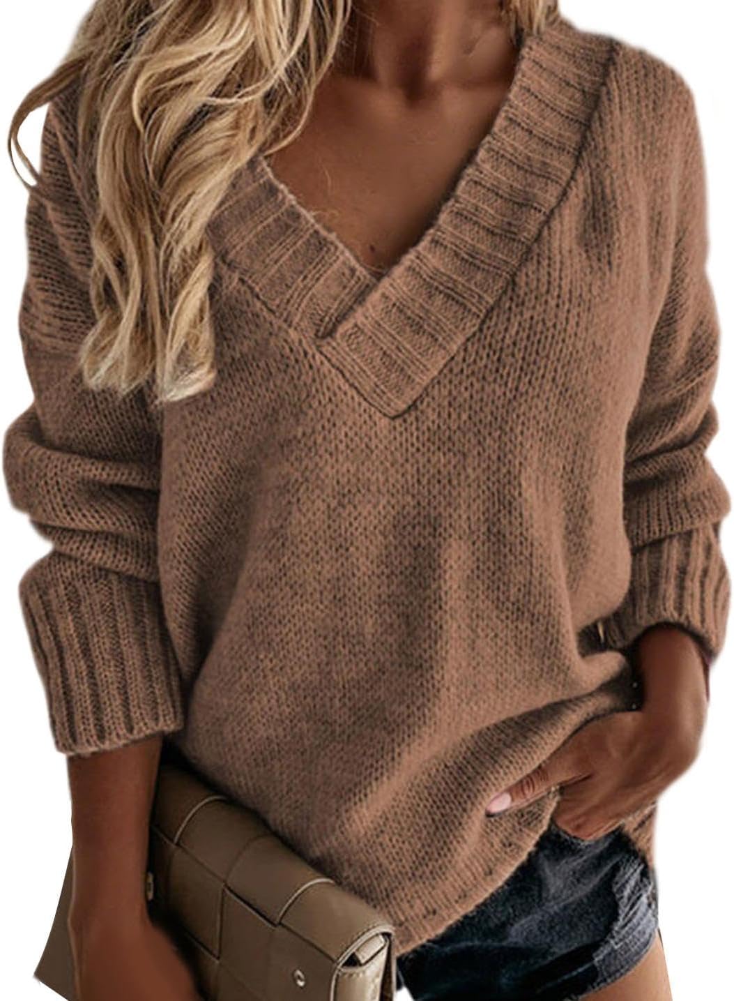 GYMTSL Women's Winter Sweater 2025 Fall Casual Timeless Long Sleeve Solid V Neck Chunky Sweater Pull Over Tops