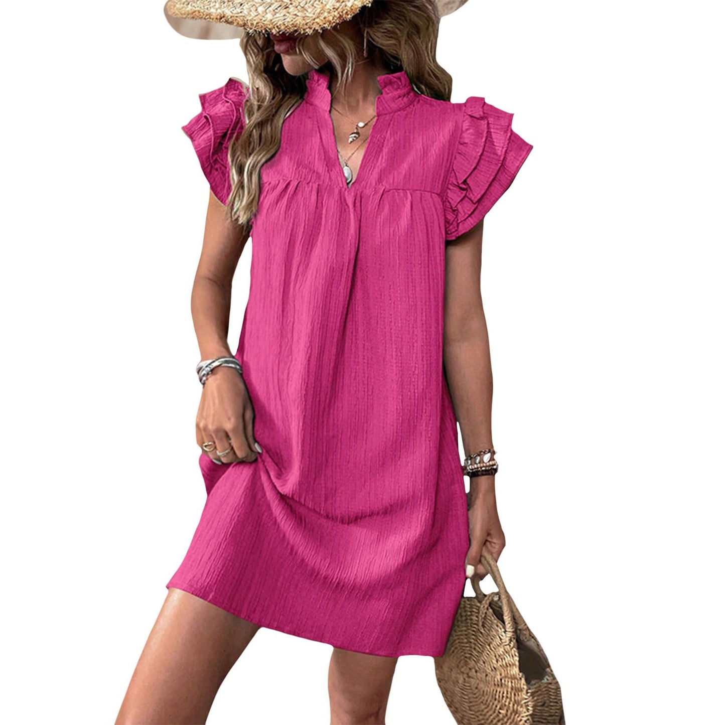 Gymrex Ruffle Sleeve Dress for Women V Neck Summer Casual Ruffle Short Sleeve A Line Mini Women Straight Dresses