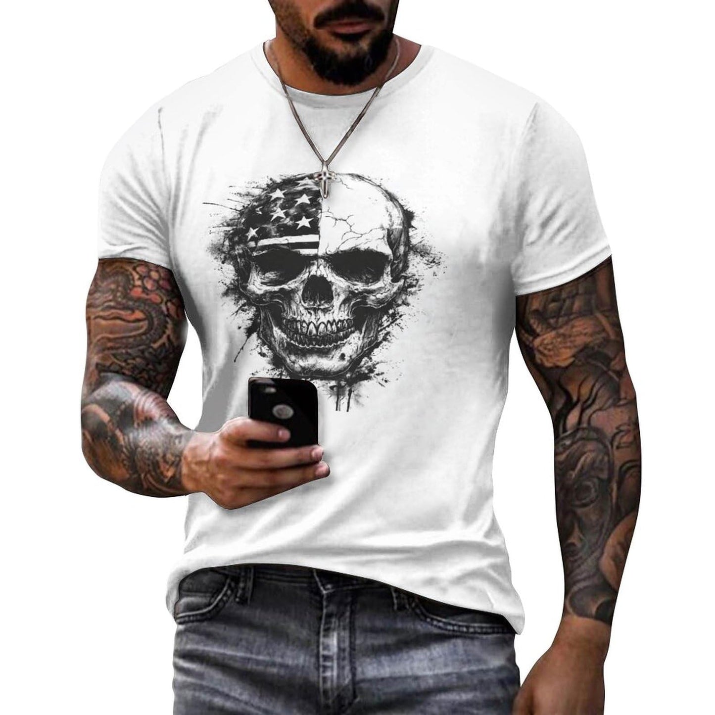 NAVARCH American Flag Shirt for Men Short Sleeve Crewneck Casual Stylish Summer Shirts Graphic Skull Print T-Shirt Tops
