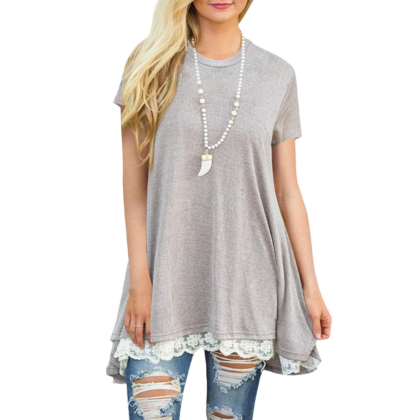 gukoo Lace Trim Short Sleeve Shirt for Women, Swing Tunic Blouse Crew Neck Flowy Flared Tops Trendy 2026 Casual T Shirt