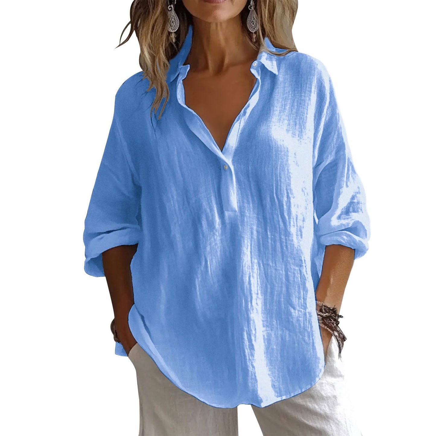 gukoo Womens Linen Shirts 3/4 Sleeve Blouses Casual V Neck Collar Shirt Trendy Tops Solid Color Summer Clothes
