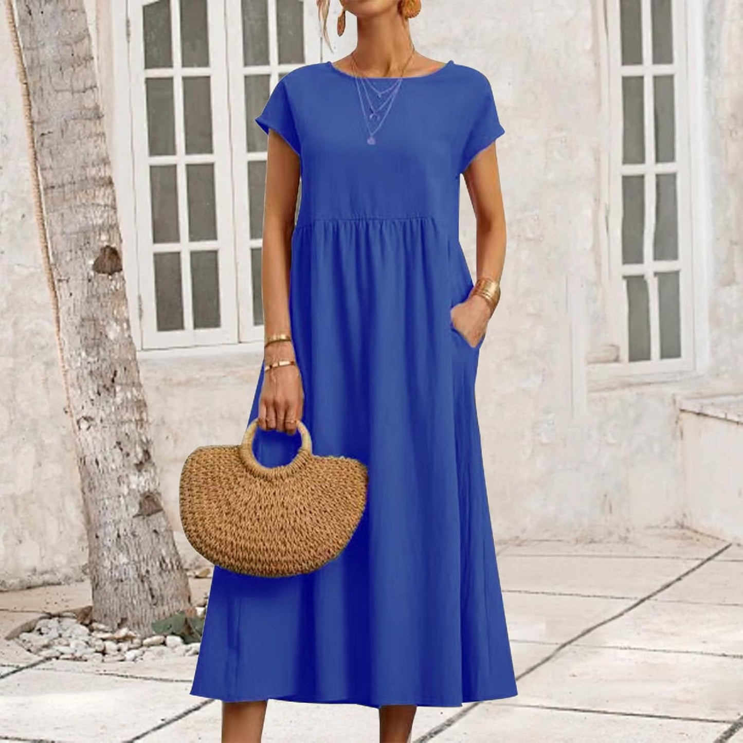 FONDBERYL Cotton Linen Dress for Women Short Sleeve Casual Crew Neck Loose Maxi Summer 2026 Beach Vacation Dress with Pockets