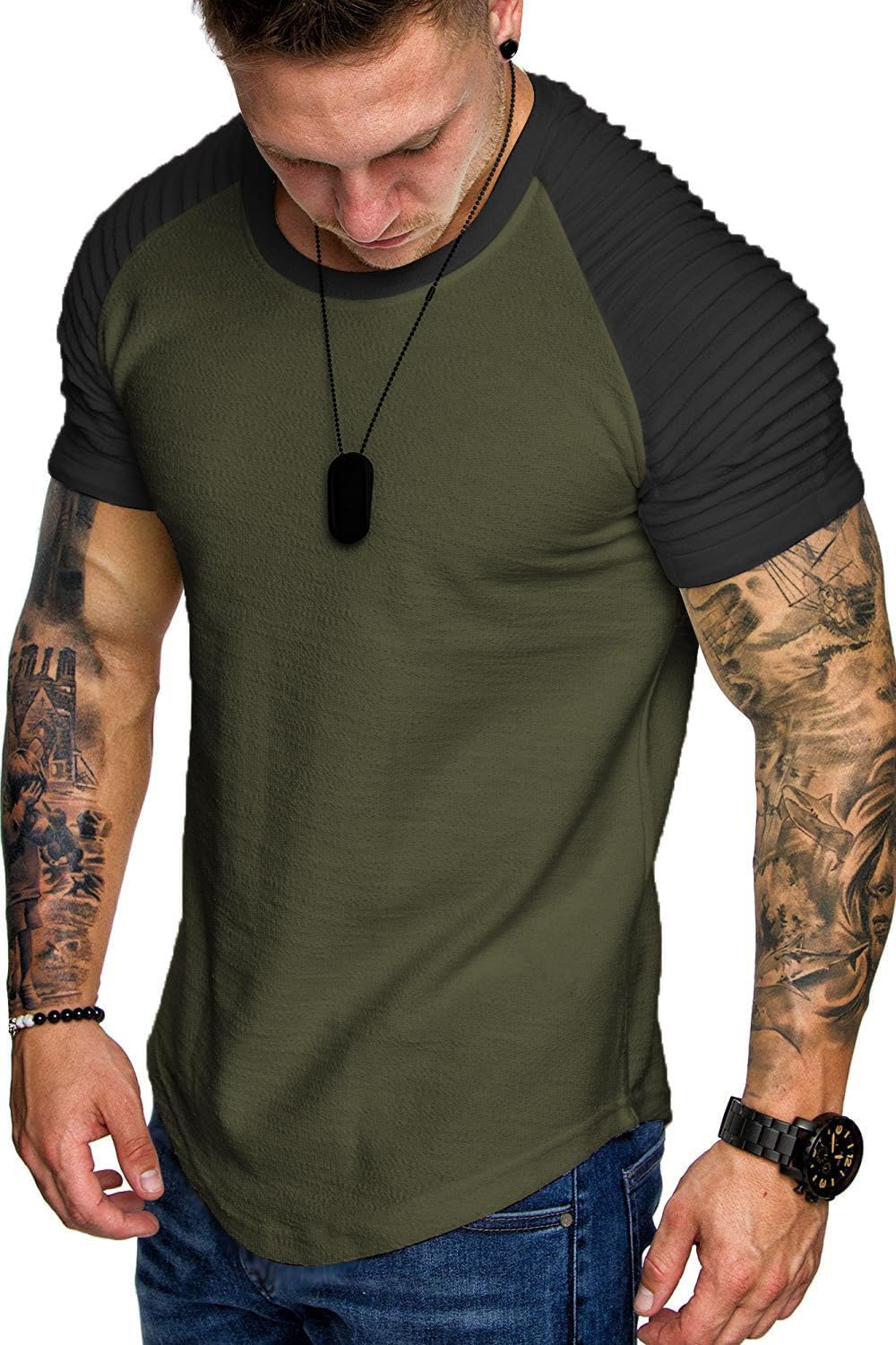 TOFOX Men's Muscle T-Shirt Pleated Raglan Sleeve Bodybuilding Gym Tee Short Sleeve Fashion Workout Shirts Hipster Shirt