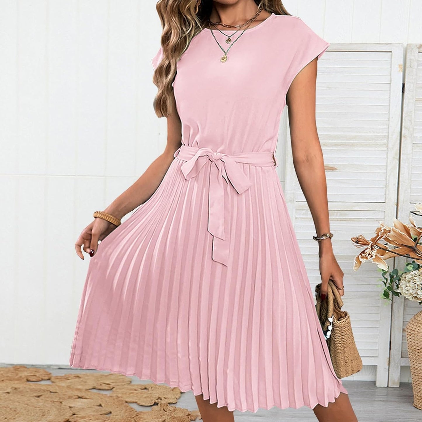 Bejirog Pleated Midi Dress for Women, Belted Tie Waist A-Line Short Sleeve Crew Neck Elegant Summer Wedding Guest Dress