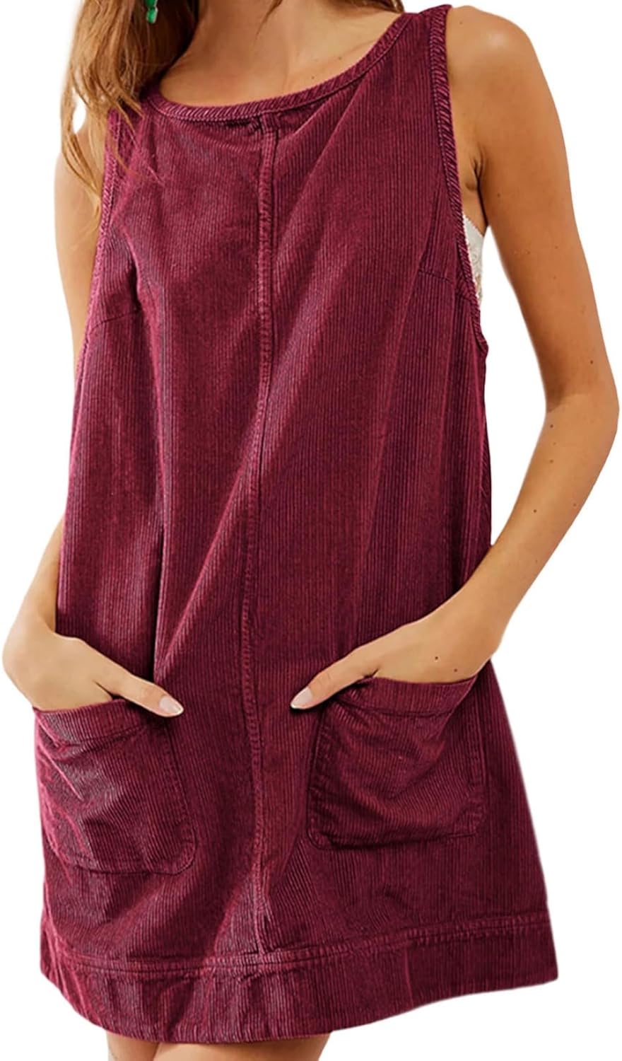 GYMDOG Casual Dresses for Women Corduroy Crewneck Tunic Sleeveless Pleated Loose Fit Work Mini Dress with Pockets