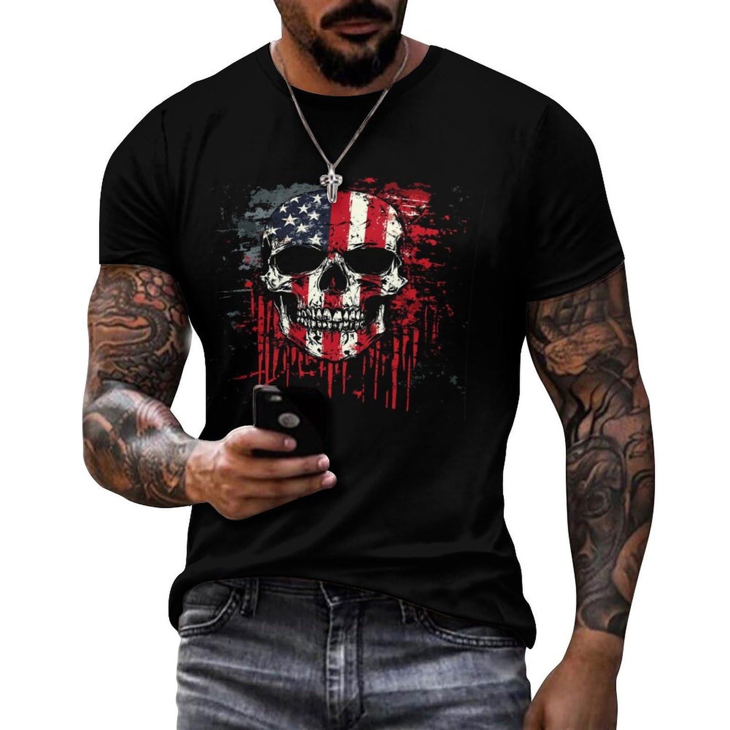 NAVARCH American Flag Shirt for Men Short Sleeve Crewneck Casual Stylish Summer Shirts Graphic Skull Print T-Shirt Tops