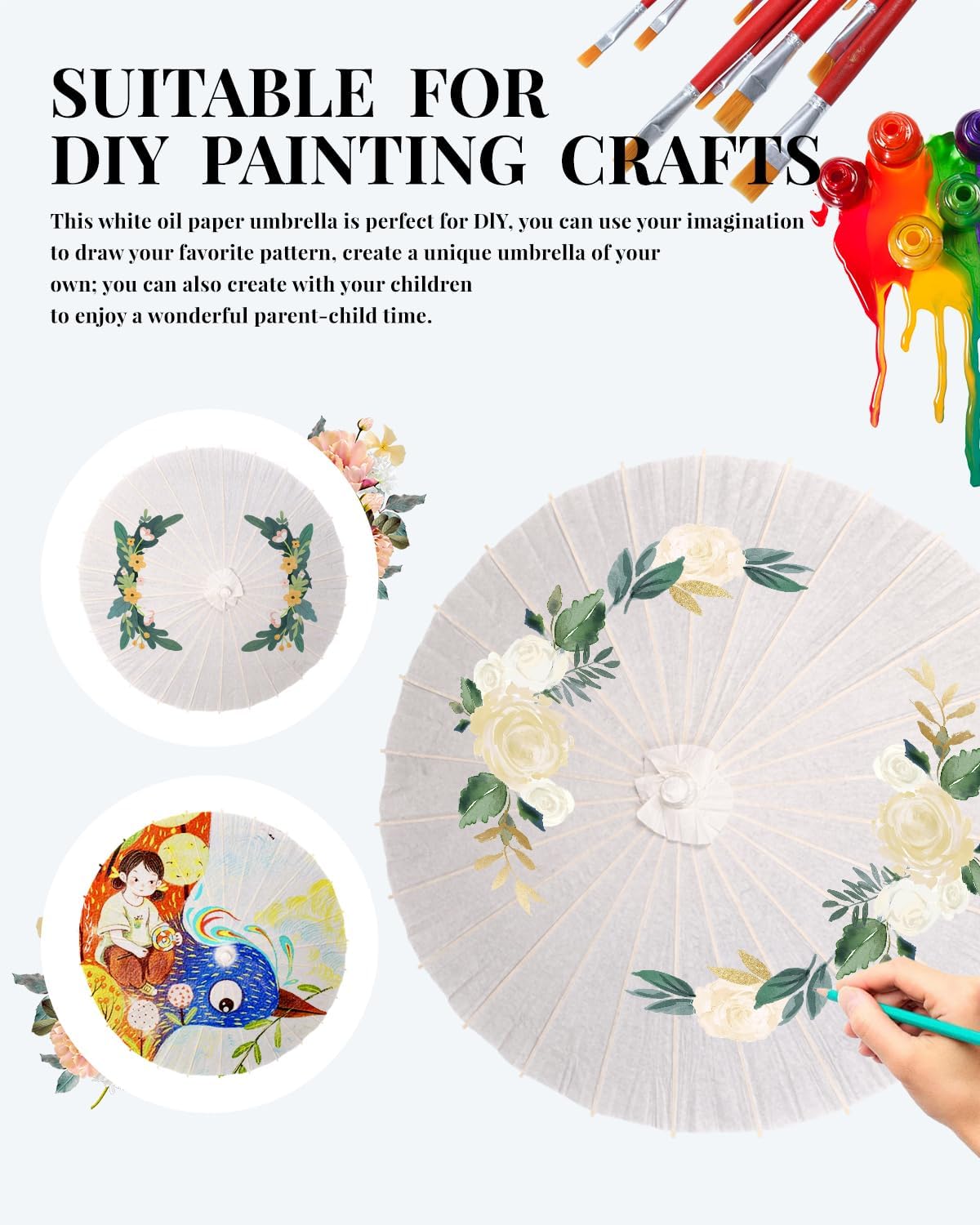 JiffPom 33 Inch White Paper Umbrella with Folding Heart Fan – Chinese Japanese Style Parasol for DIY Painting, Wedding, Bridal Shower, Photography, Party Decoration