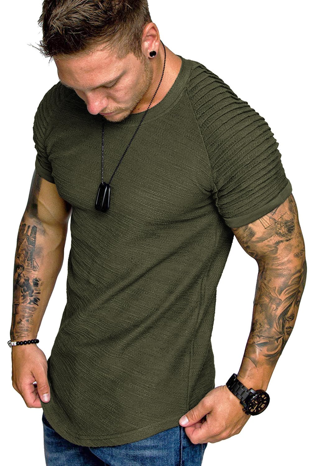 TOFOX Men's Muscle T-Shirt Pleated Raglan Sleeve Bodybuilding Gym Tee Short Sleeve Fashion Workout Shirts Hipster Shirt