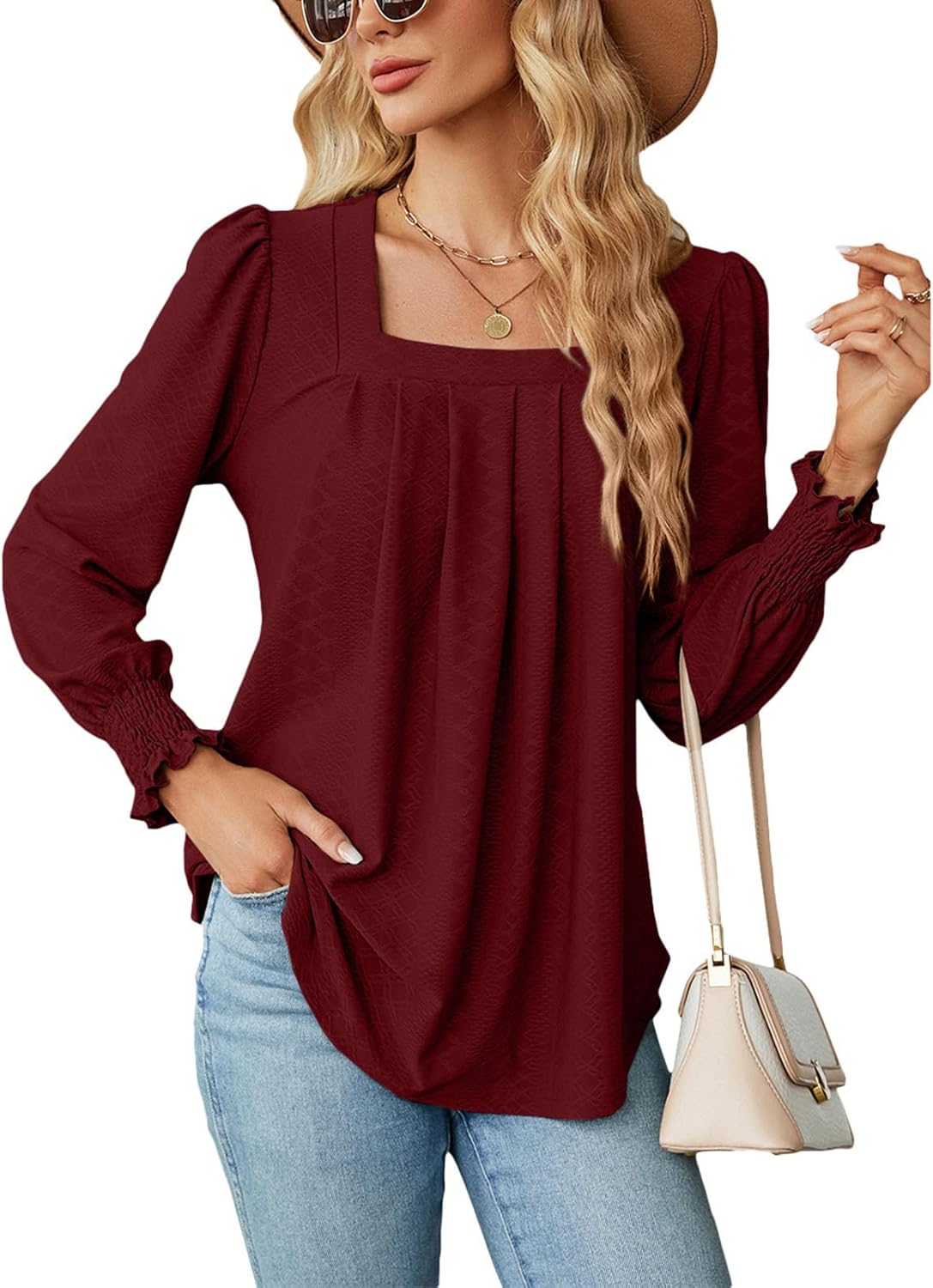 Befox Square Neck Pleated Tops for Women, Flowy Tunic Blouse Puff Sleeve Lightweight Loose Dressy Casual Pleated Shirt