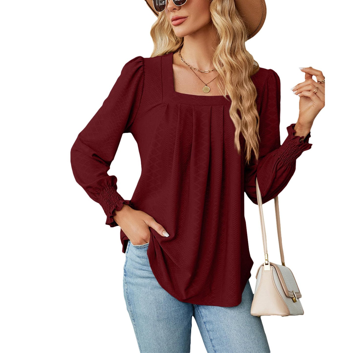 Befox Square Neck Pleated Tops for Women, Flowy Tunic Blouse Puff Sleeve Lightweight Loose Dressy Casual Pleated Shirt