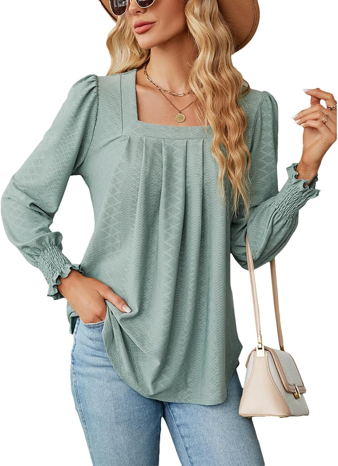 Befox Square Neck Pleated Tops for Women, Flowy Tunic Blouse Puff Sleeve Lightweight Loose Dressy Casual Pleated Shirt