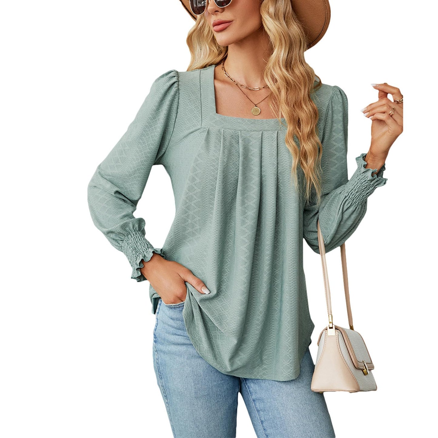 Befox Square Neck Pleated Tops for Women, Flowy Tunic Blouse Puff Sleeve Lightweight Loose Dressy Casual Pleated Shirt