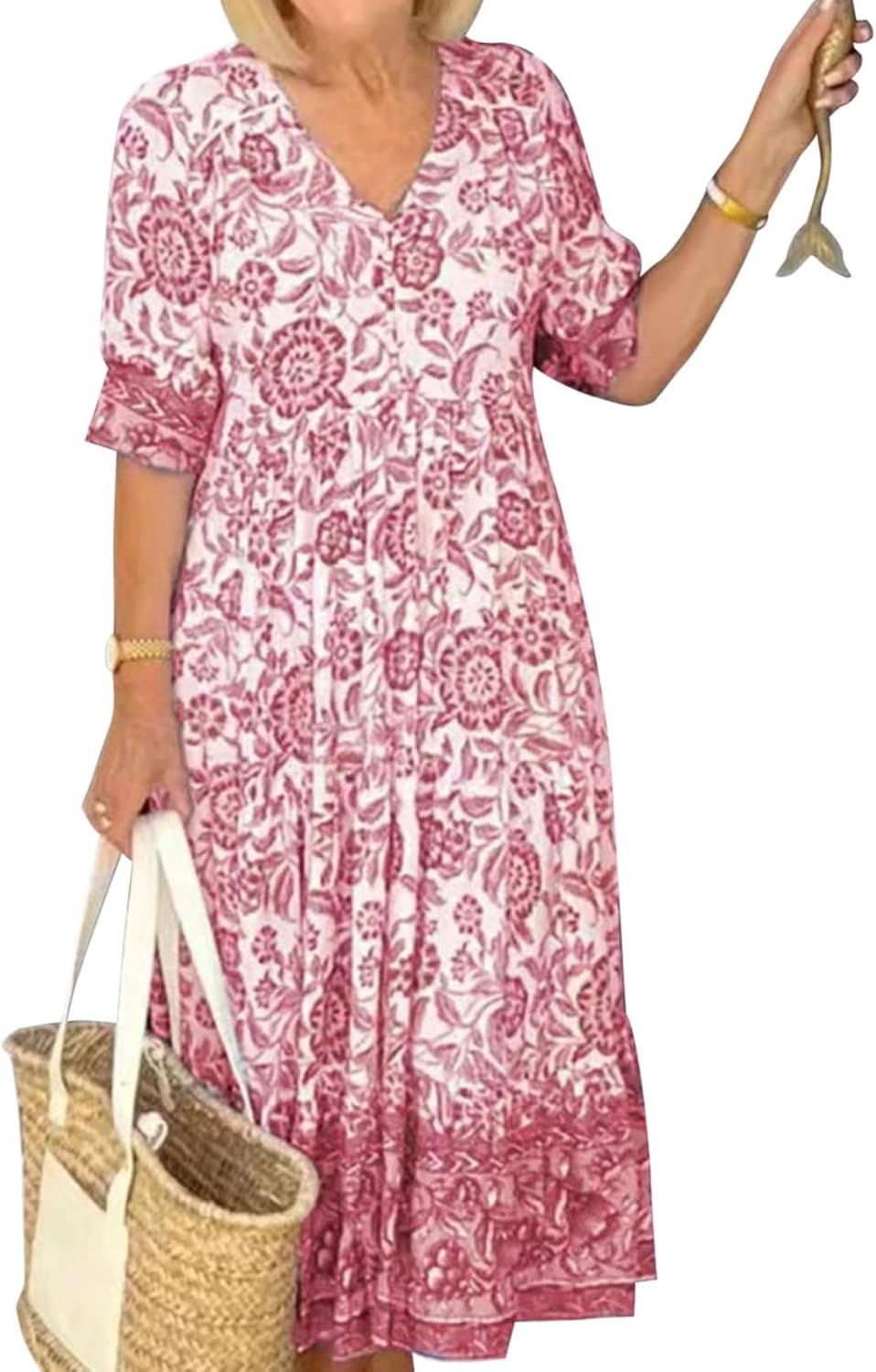 GYMDOG Elegant Flowy Flower Print Boho Maxi Dress for Women V Neck Short Sleeve Ruffle Swing Hem Dress for Wedding Guest