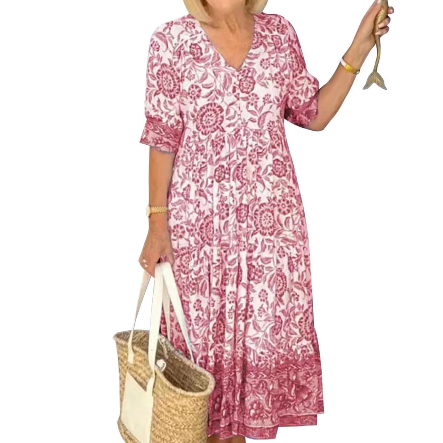 GYMDOG Elegant Flowy Flower Print Boho Maxi Dress for Women V Neck Short Sleeve Ruffle Swing Hem Dress for Wedding Guest