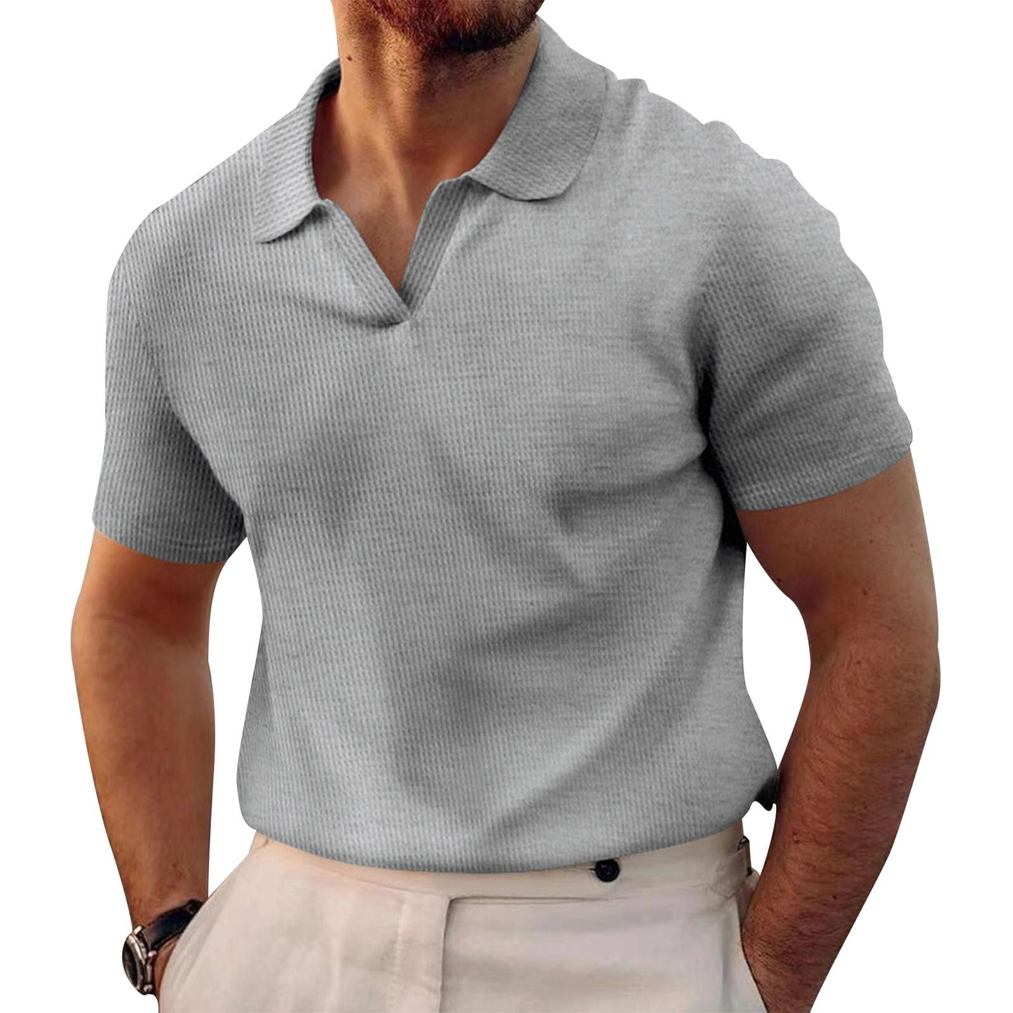 WAZZAP Polo Shirts for Men V Neck Pullover Waffle Casual Hippie Stretch Short Sleeve Business Summer Beach Workout Tops
