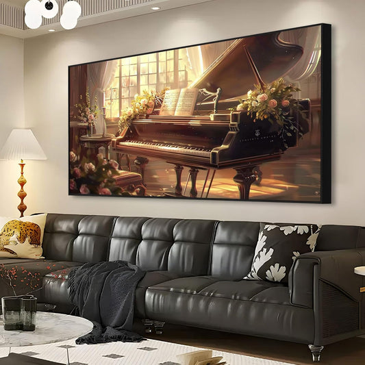 JiffPom Grand Piano Canvas Wall Art, Retro Piano Painting, Abstract Piano Canvas Art, Piano Wall Art, Music Instrument Wall Decor, Vintage Music Wall Art, Living Room Wall Decor, Pianist Gift (Black Metal Frame, 30"x17" | 76x43cm)