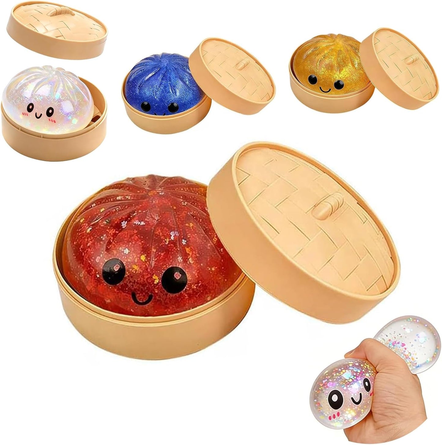 Kribee Glitter Dumpling Squishy-Giant Dumpling Squishy Fidget Toy with Steamer Case,Mega Rainbow Slow-Rising Sensory Decompression Toy, Thermoplastic Rubber, Stress Relief for Adults (Red)