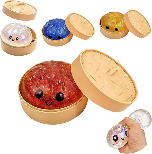 Kribee Glitter Dumpling Squishy-Giant Dumpling Squishy Fidget Toy with Steamer Case,Mega Rainbow Slow-Rising Sensory Decompression Toy, Thermoplastic Rubber, Stress Relief for Adults (Red)