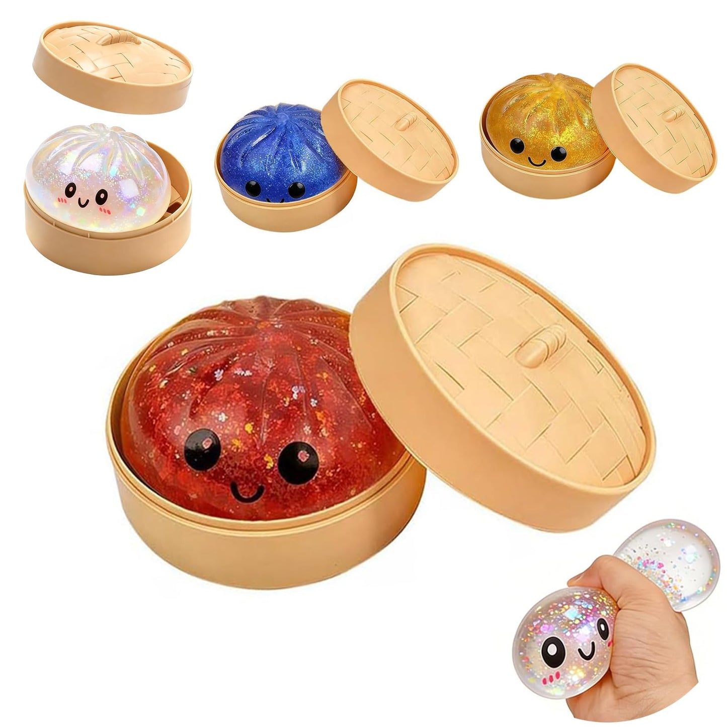 Kribee Glitter Dumpling Squishy-Giant Dumpling Squishy Fidget Toy with Steamer Case,Mega Rainbow Slow-Rising Sensory Decompression Toy, Thermoplastic Rubber, Stress Relief for Adults (Red)