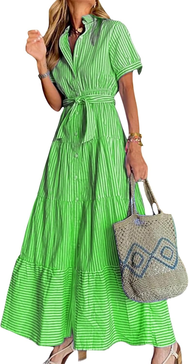 NAILONG Women's Striped Shirt Dress Button Down Vertical Stripes Tie Waist Short Sleeve Long Flowy Maxi Tiered Ruffle Dress