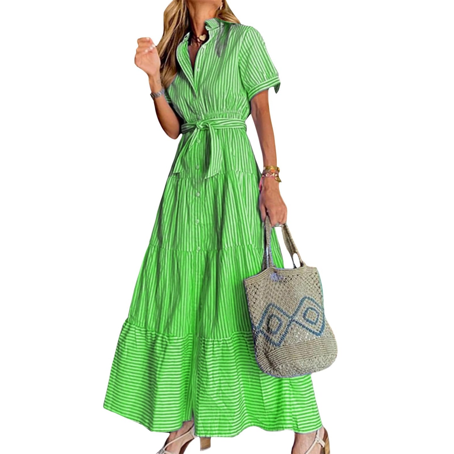 NAILONG Women's Striped Shirt Dress Button Down Vertical Stripes Tie Waist Short Sleeve Long Flowy Maxi Tiered Ruffle Dress
