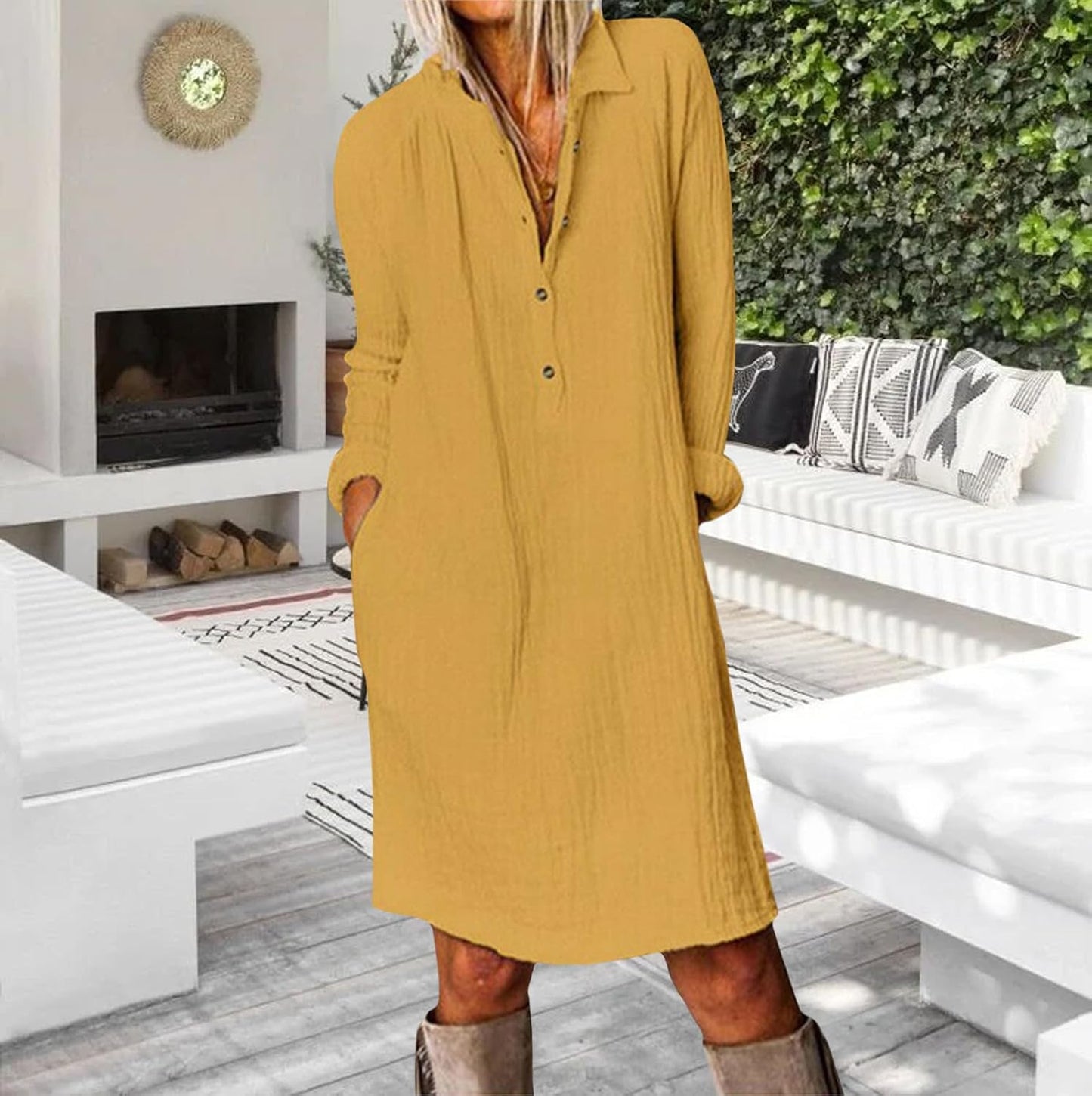 NAILONG Cotton Button Down Shirt Dress for Women Long Sleeve Midi Spring Summer Casual Loose Tshirt Dress with Pockets
