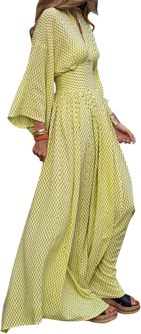 Alivebody Flowy Long Boho Maxi Dress for Women with Deep V Neck & Bell Sleeves, Empire Waist Casual Wedding Guest Dress