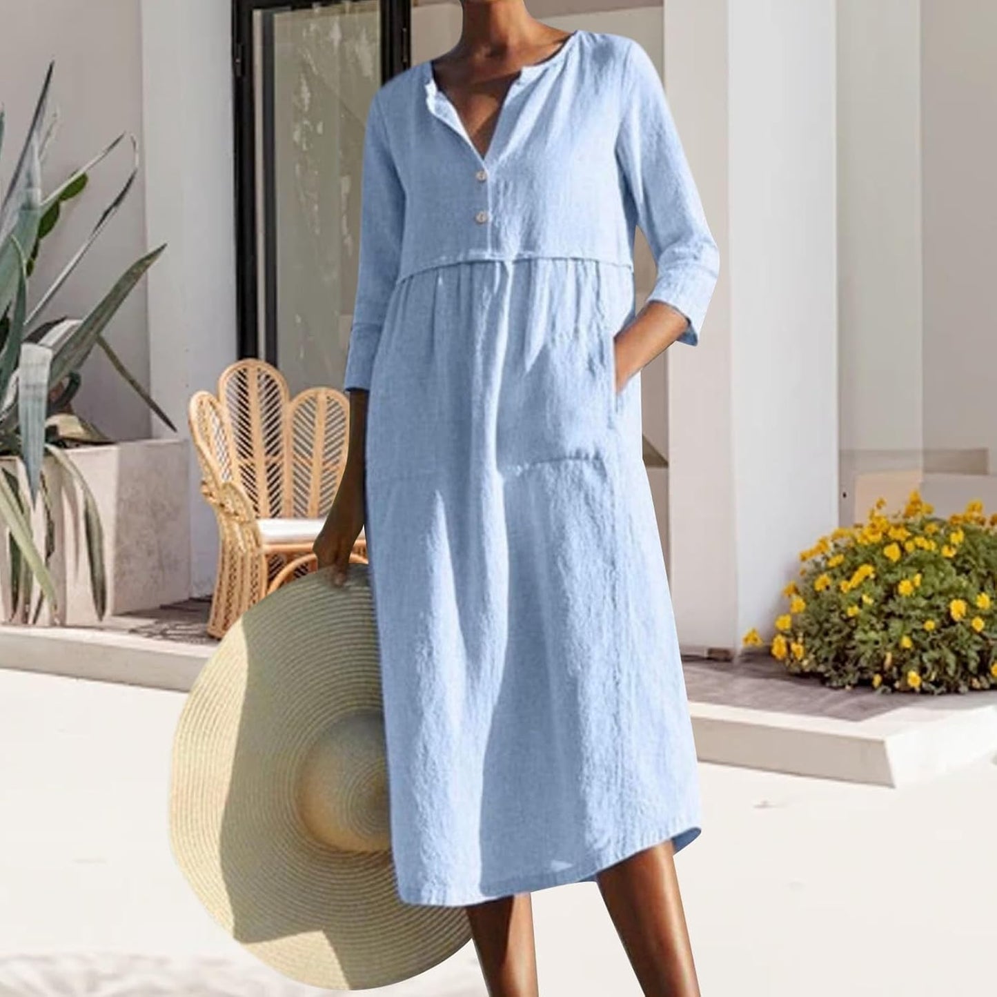 Embryform Womens Cotton Linen Button Down Shirt Midi Dress, Crew Neck 3/4 Sleeve Loose Casual Spring Summer Dress with Pockets