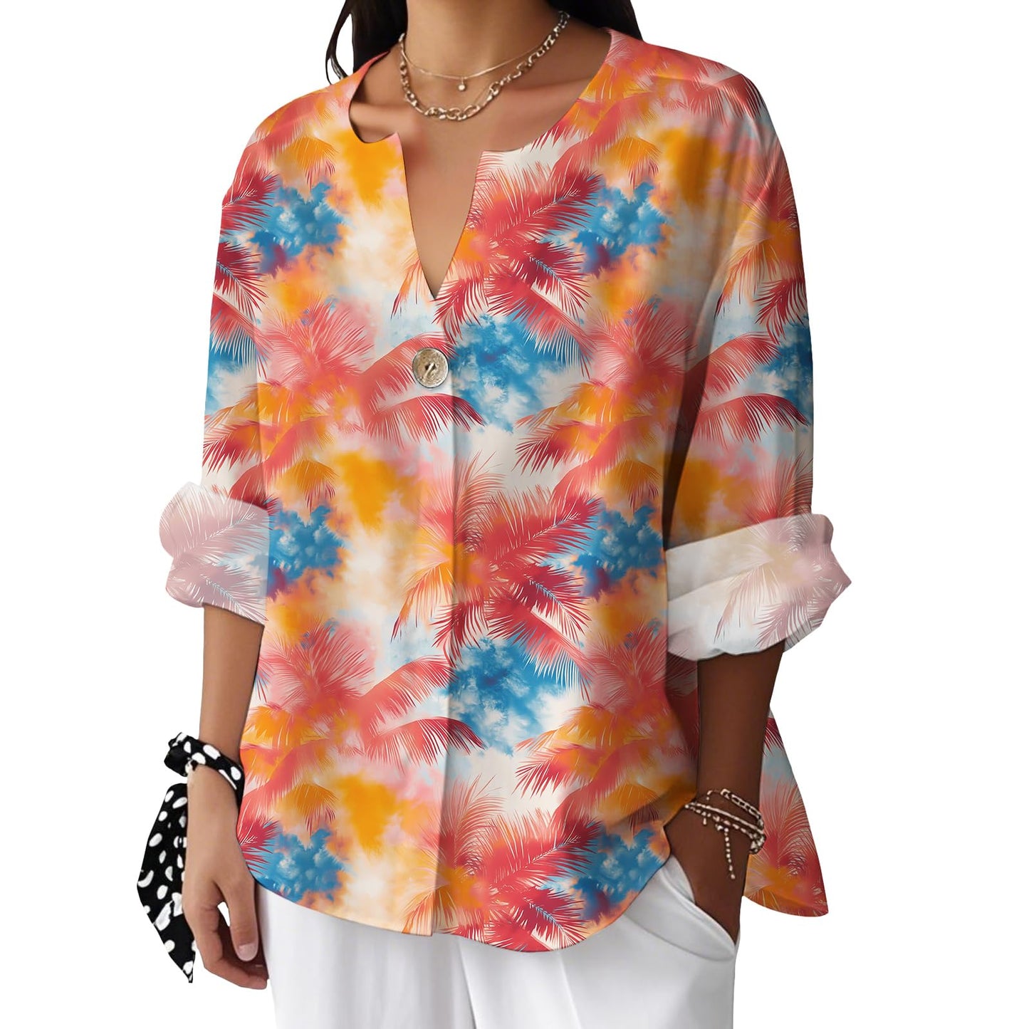 Reigee Hawaiian Shirts for Women 3/4 Sleeve Linen Shirts Floral Print Button V Neck Casual Loose Summer Graphic Tops Blouse