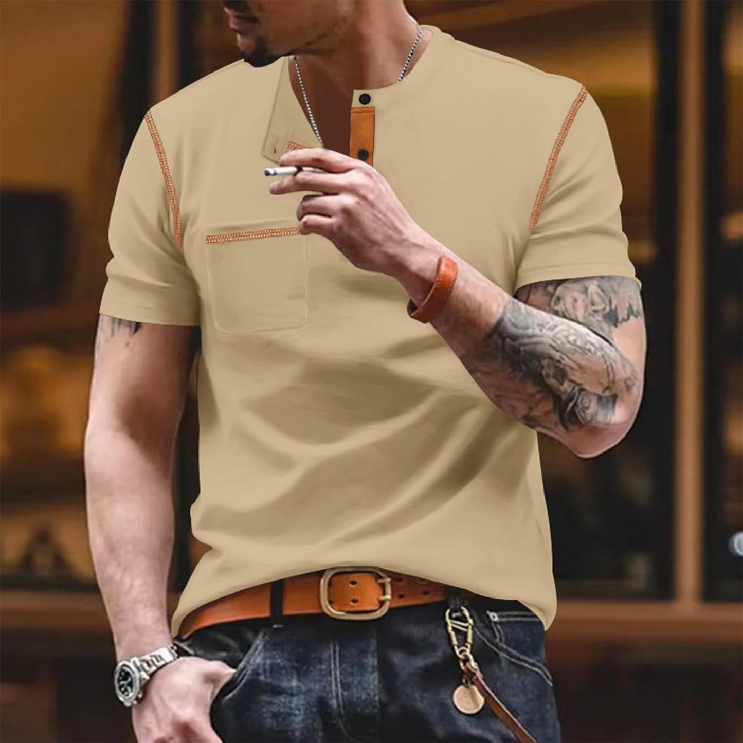 Embryform Shirts for Men Summer Short Sleeve Casual Basic Henley T-Shirts with Pocket Fashion Stylish Classic Button Tee Tops