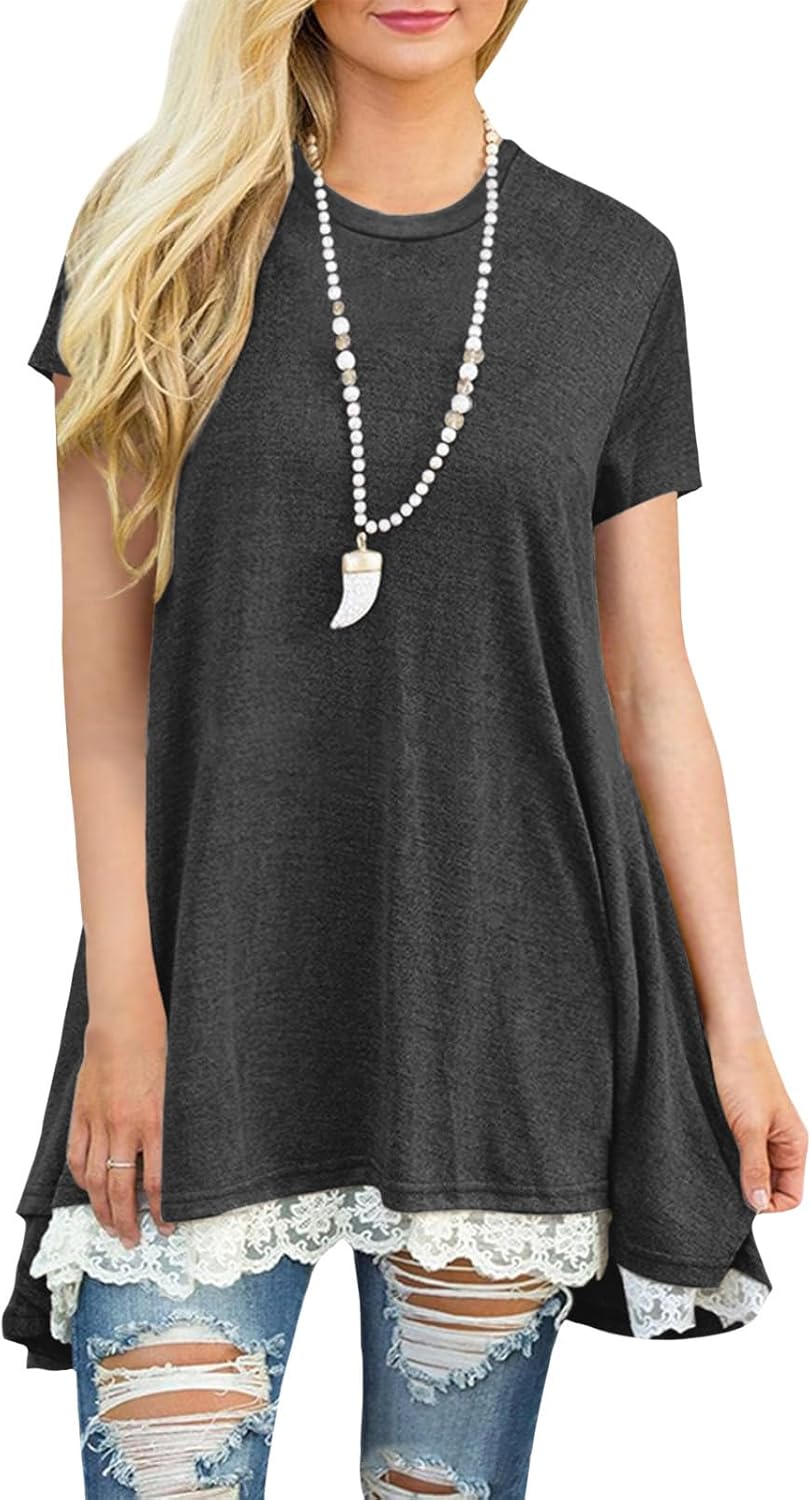 gukoo Lace Trim Short Sleeve Shirt for Women, Swing Tunic Blouse Crew Neck Flowy Flared Tops Trendy 2026 Casual T Shirt